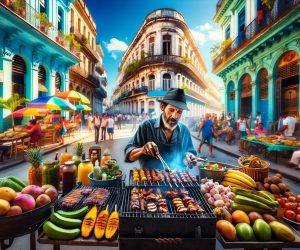 Street vendor grilling at vibrant outdoor market.