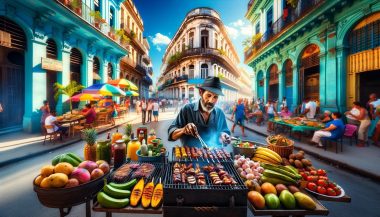 Street vendor grilling at vibrant outdoor market.