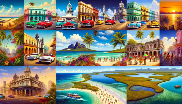 Tropical landscapes with beaches, vintage cars, and architecture.