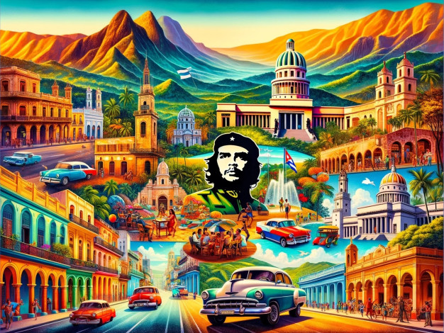Colorful artistic portrayal of vibrant Cuban culture and landmarks.