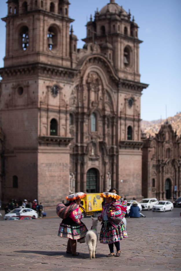 Women in traditional attire with a llama, cathedral backdrop.