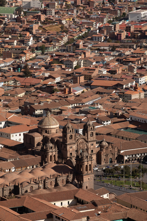 Aerial view of Cusco with historic cathedral.