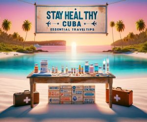 Tropical beach with health travel tips and medical supplies.