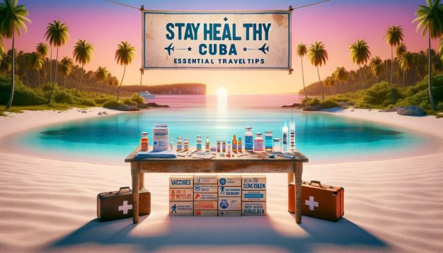 Tropical beach with health travel tips and medical supplies.
