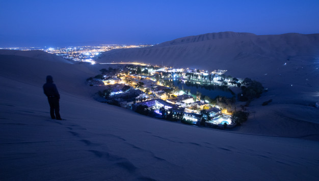 Person overlooking oasis town at night in desert.