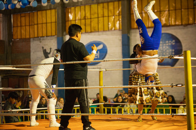 Wrestlers performing in ring at local event.
