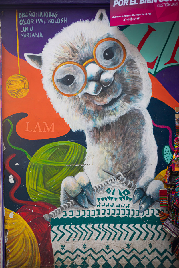 Colorful alpaca mural with glasses on urban wall.