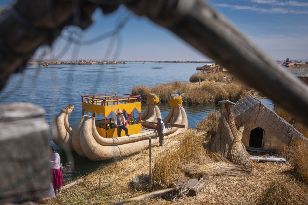 Traditional reed boats on Lake Titicaca.