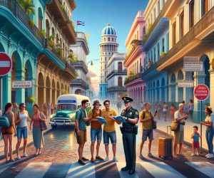 Colorful animated street scene with characters and vintage cars.