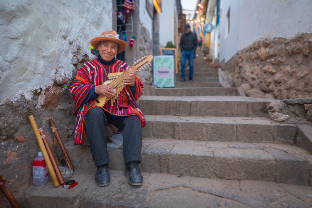 Man playing charango in traditional Andean clothing.