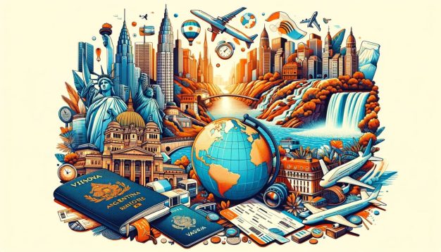 Colorful travel-themed collage with landmarks and passports.