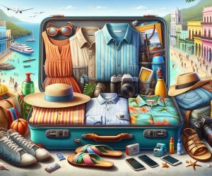 Colorful travel suitcase packed with vacation items, beach backdrop.