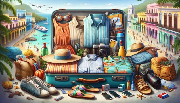 Colorful travel suitcase packed with vacation items, beach backdrop.