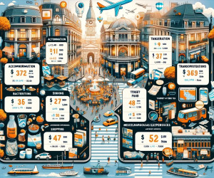 Illustrated cityscape with travel budget infographic elements.