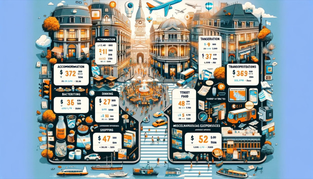 Illustrated cityscape with travel budget infographic elements.