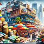 Colorful urban market scene with currency and calculator.