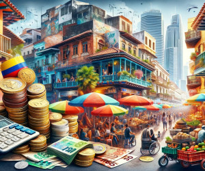 Colorful urban market scene with currency and calculator.