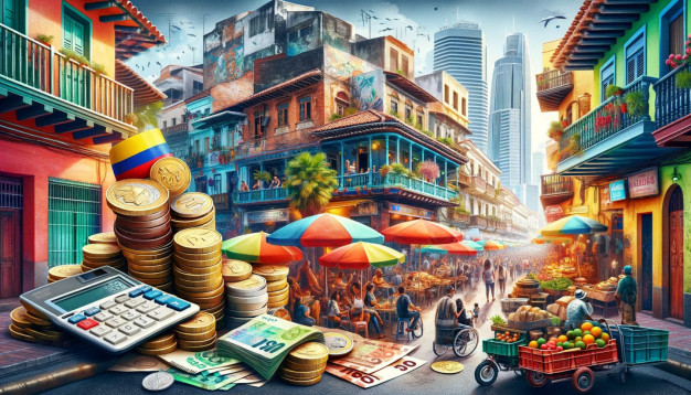 Colorful urban market scene with currency and calculator.