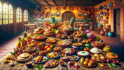 Festin traditionnel coloré dans un cadre rustique.