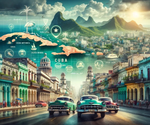 Vintage cars on colorful Havana street with futuristic overlay.