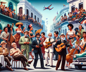 Vibrant street musicians and dancers illustration.