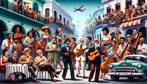 Vibrant street musicians and dancers illustration.