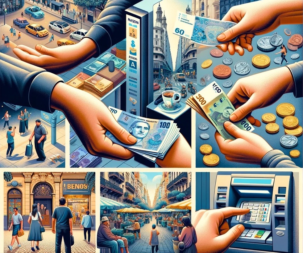 Illustration of various money exchange scenarios in city.