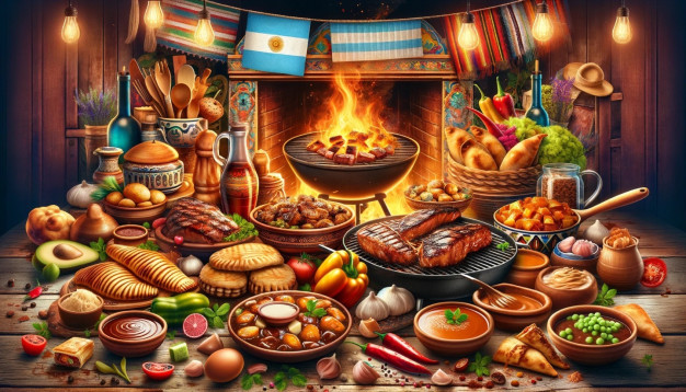 Colorful traditional Argentine barbecue spread.