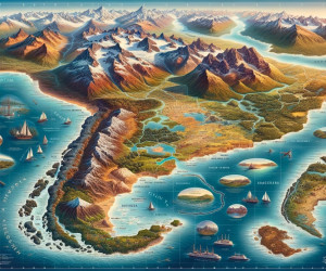 Illustrated fantasy map with mountains, valleys, and maritime scenes.