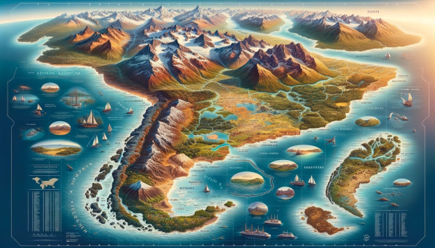 Illustrated fantasy map with mountains, valleys, and maritime scenes.