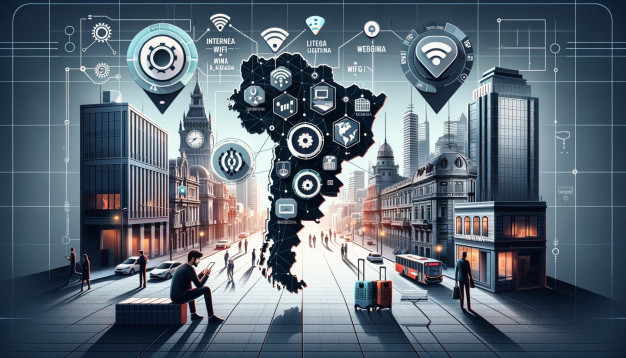 Futuristic cityscape with integrated technology and connectivity icons.