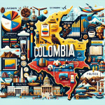 Illustrated infographic map of Colombia showcasing culture and economy.