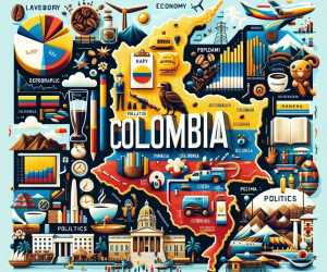 Illustrated infographic map of Colombia showcasing culture and economy.