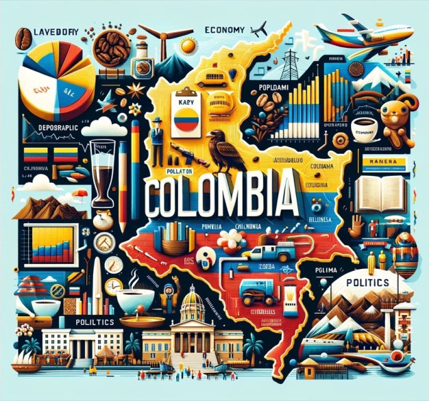 Illustrated infographic map of Colombia showcasing culture and economy.