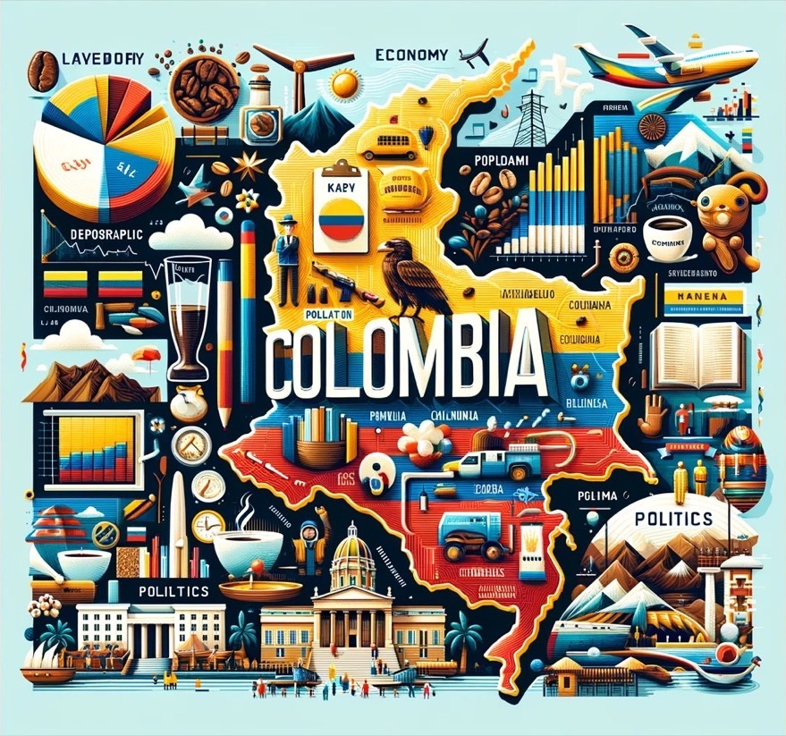 Carte infographique illustrée de la Colombie présentant la culture et l'économie.