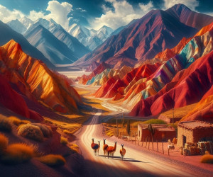 Colorful mountain landscape with llamas and a dirt road.