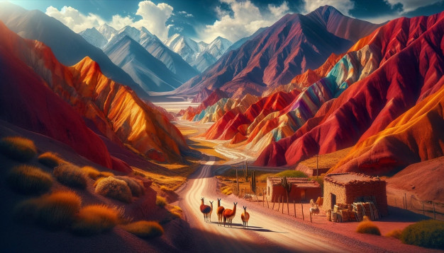 Colorful mountain landscape with llamas and a dirt road.