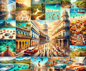 Collage of vibrant tropical travel destinations and cultural scenes.