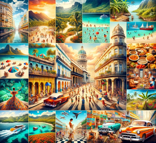 Collage de destinations de voyage tropicales dynamiques et de scènes culturelles.