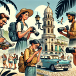 Tourists with cameras exploring tropical cityscape illustration.
