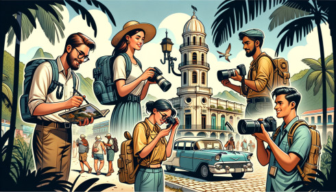 Illustration d'un paysage urbain tropical par des touristes munis d'un appareil photo.