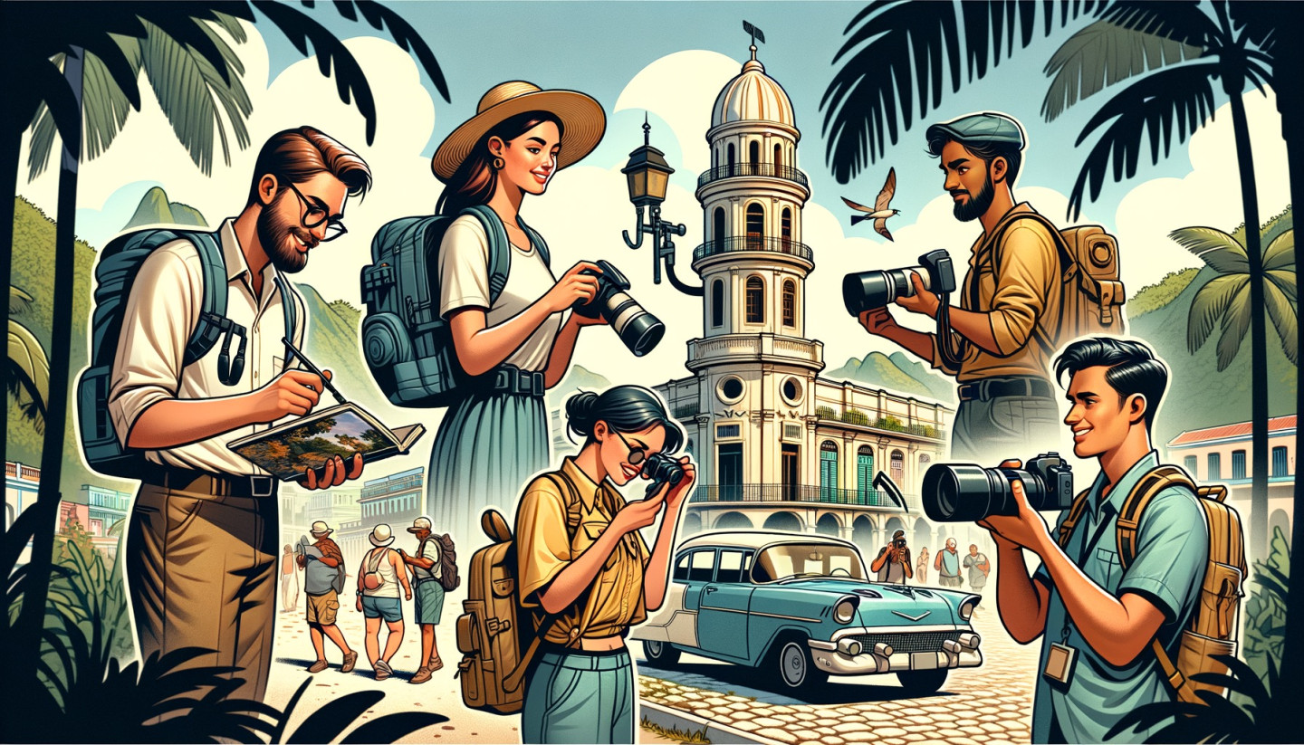 Tourists with cameras exploring tropical cityscape illustration.