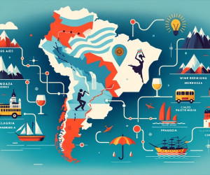 Illustrated map of Argentina highlighting tourist attractions and culture.