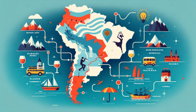 Illustrated map of Argentina highlighting tourist attractions and culture.