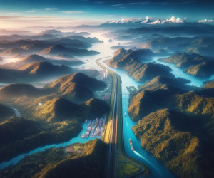 Aerial view of scenic mountainous landscape with winding highway.