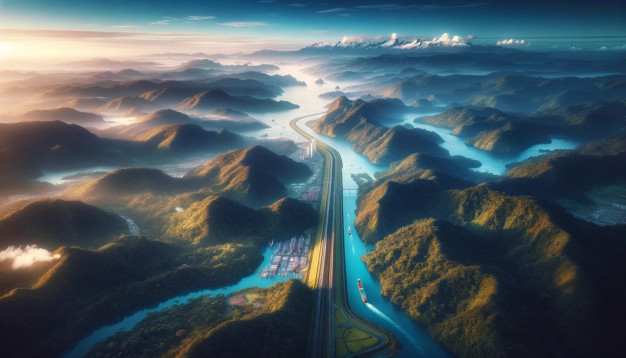 Aerial view of scenic mountainous landscape with winding highway.