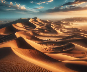 Sunset over serene desert dunes with camel caravan.