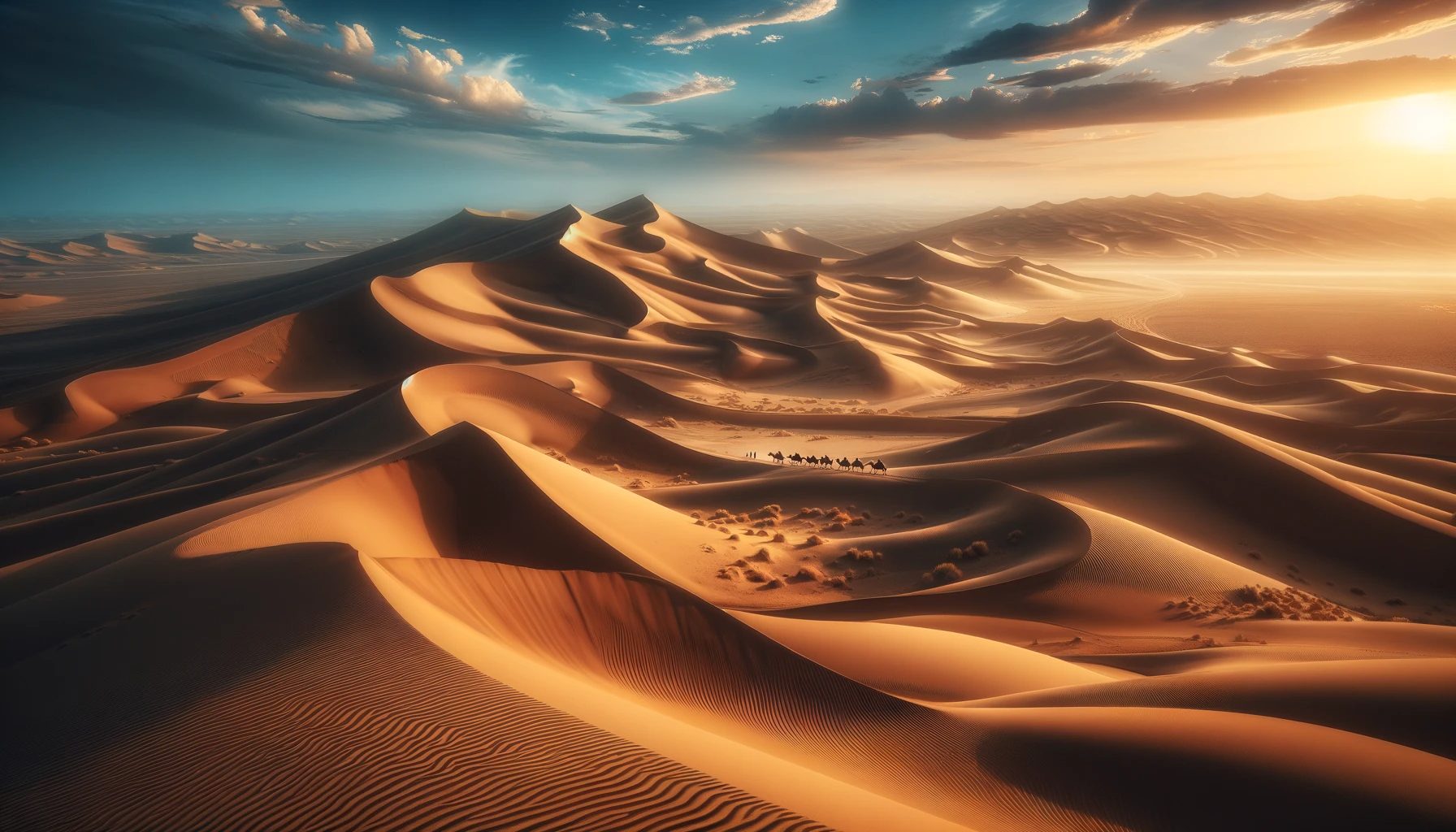 Sunset over serene desert dunes with camel caravan.