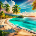 Tropical beach sunset with palm trees and turquoise sea.