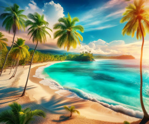 Tropical beach sunset with palm trees and turquoise sea.